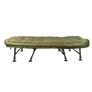 Overzichtfoto uitgeklapte stretcher RCG DLX SLeeping System Dual met dubbele slaapzak
