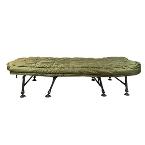 Overzichtfoto uitgeklapte stretcher RCG DLX SLeeping System Dual met dubbele slaapzak
