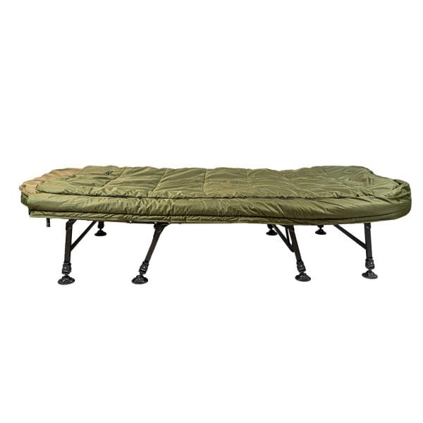 Overzichtfoto uitgeklapte stretcher RCG DLX SLeeping System Dual met dubbele slaapzak