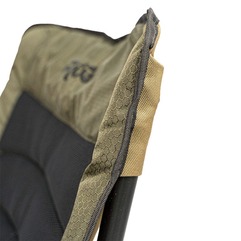 RCG FoldX Chair inklapbare stoel met zwarte mesh-zitting en verstelbare poten detail foto RCG logo